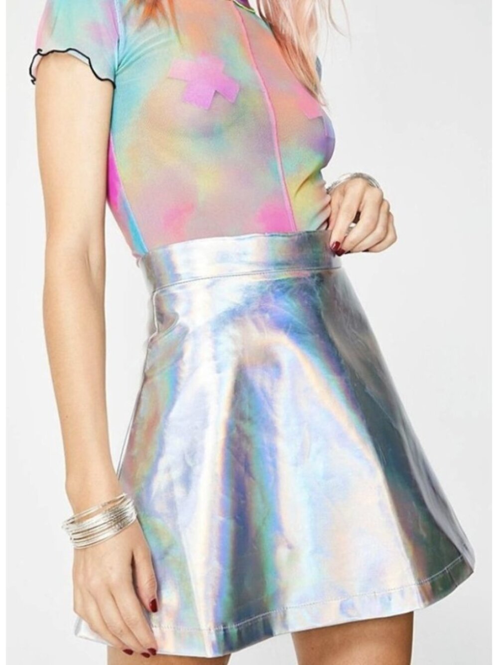 DOLLS KILL CURRENT MOOD Lil' Spacey Holographic Circle Skirt Rave Cyber Goth